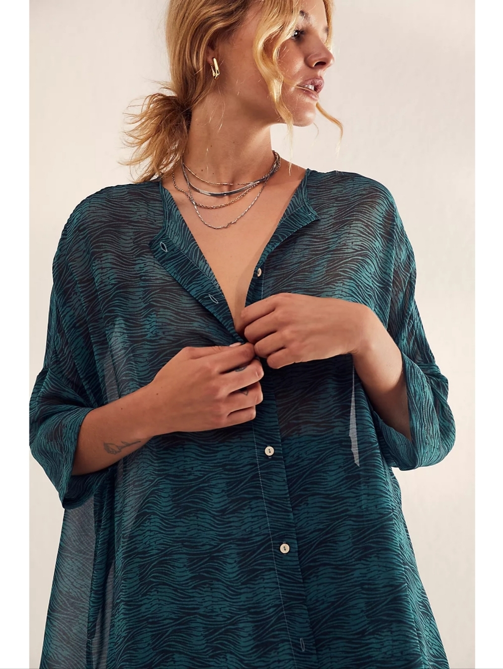 Free People Intimately More Chill Sleep Shirt Deep Sea Combo Green Women's Large